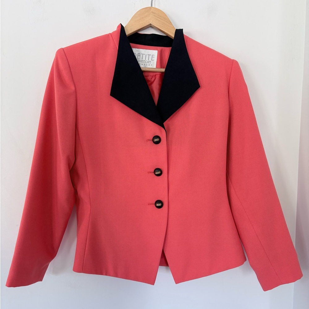 80s PETITE SOPHISTICATE Coral Orange Blazer Navy Blue Collar 3 Button Office EUC